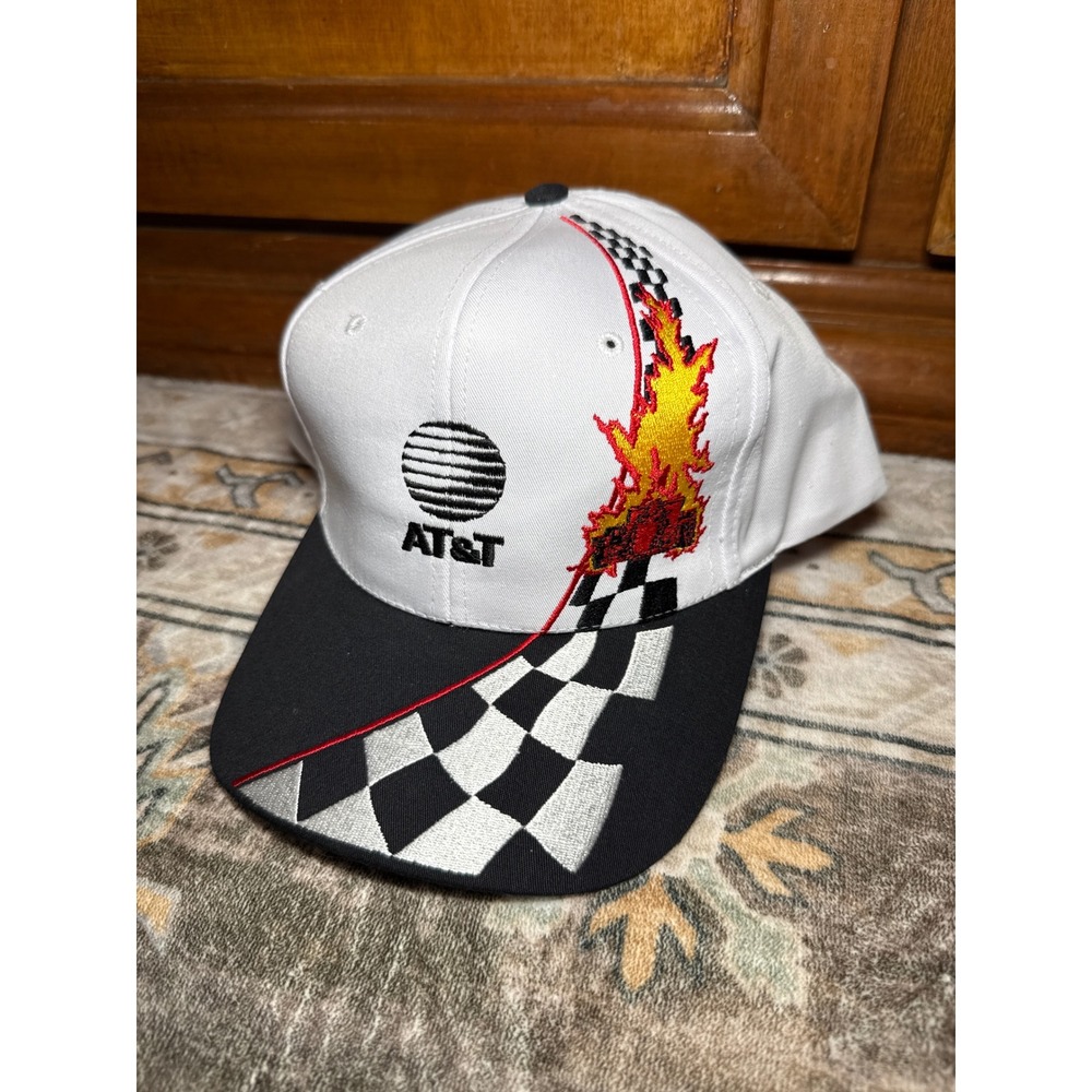 Vintage Nissun AT&T Racing Snapback Hat White Black Checkered Flame Trucker Cap
